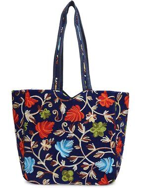 Embroidered Tote Bag for Women, Kashimiri Thread Embrodiery in Multicolor Flower